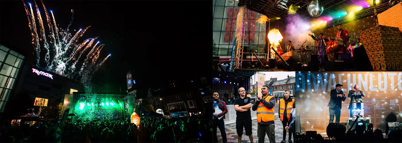 Diwali in Luton: night-time event with lighting, stage and crowds